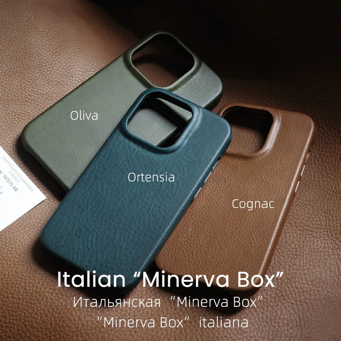 YMW Italian Minerva Box Genuine Leather Case for iPhone 14 Pro Max Plus Handmade Luxury Business Cowhide Phone Cover