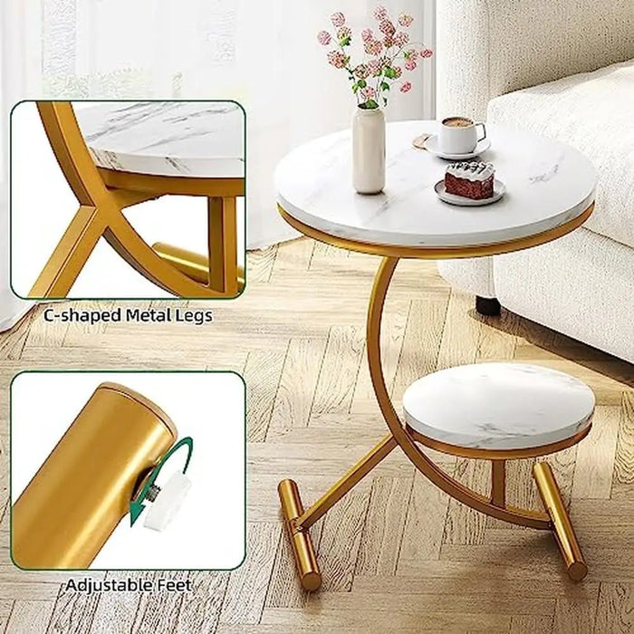 Modern 2-Tier Round End Table with Storage Shelf Faux Marble Top Gold C-Shaped Legs Sofa Side Table