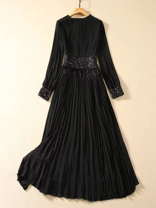 AELESEEN Black Long Pleated Dress Women Runway Fashion V-Neck Feathers Luxury Sequined Embroidery Long Elegant Vintage