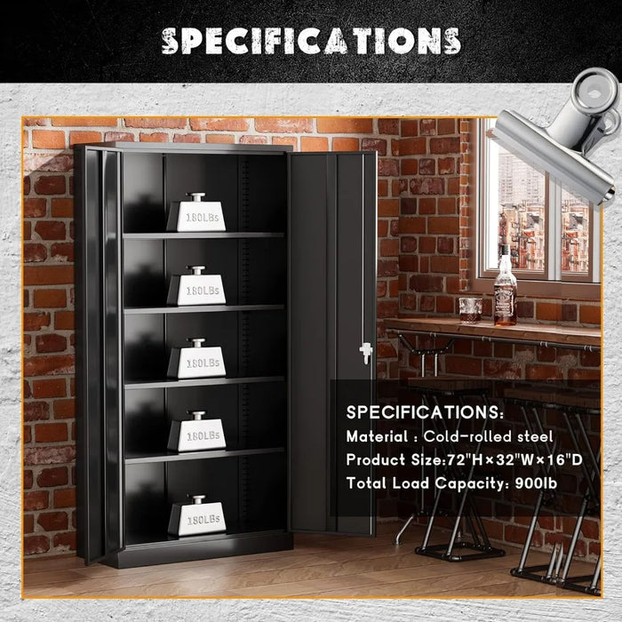 Sideboards Storage Cabinet, 72” Black Garage Steel Locking Cabinet with Doors and , Sideboards