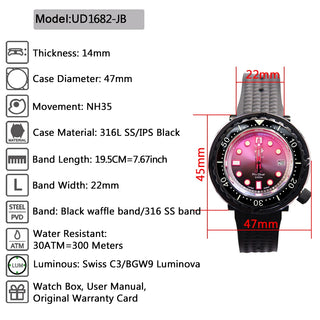 Proxima UD1682-JB Tuna Men Diver Watches Luxury Sapphire Crystal Automatic Mechanical NH35 Movement 30Bar Luminous Date Window