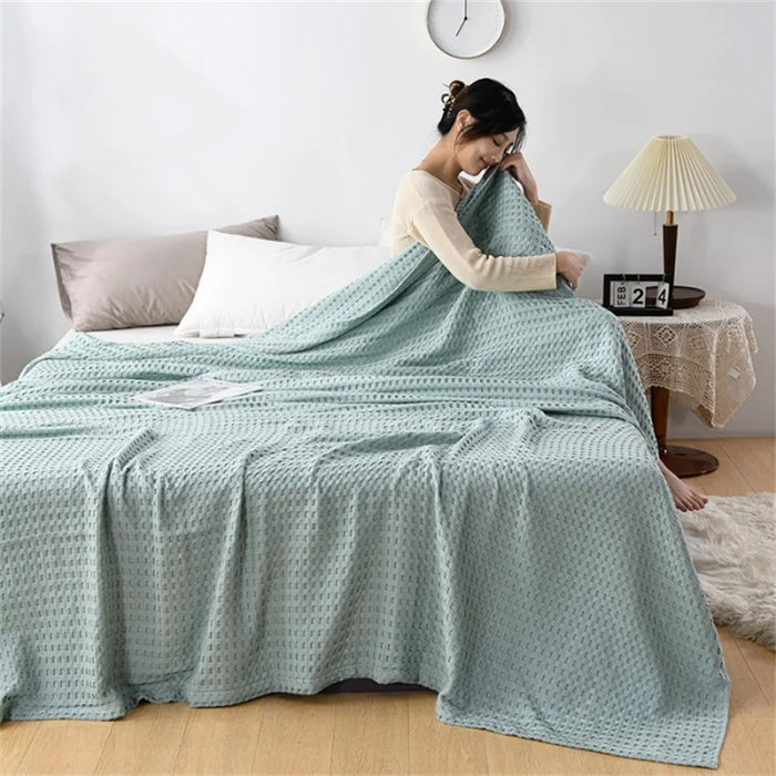 Pure Cotton Waffle Plaid Blanket Luxury Modern Throw Blanket Knitted Thin Quilt Plain Soft Cozy Sofa Cover Bedspreads On The Bed