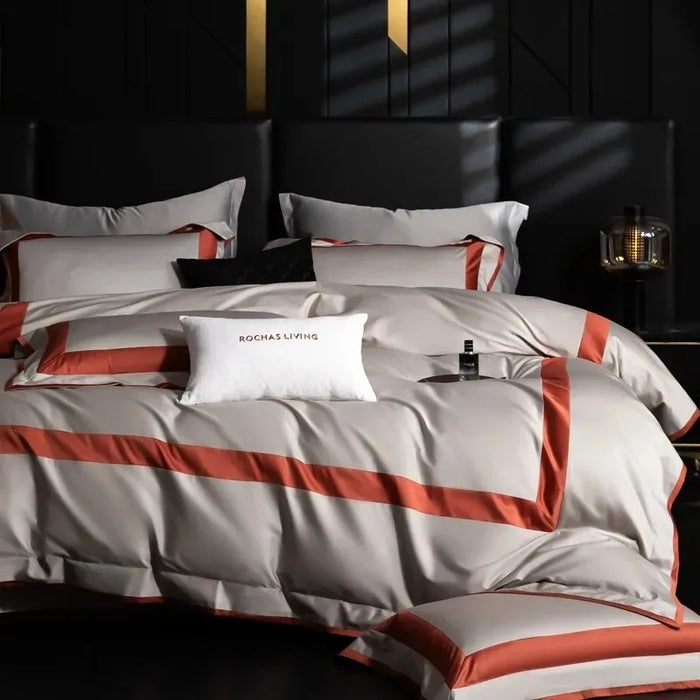 1000TC Premium Cotton Queen King Bedding Set 4pcs Grey Orange Frame Patchwork Duvet Cover Bed Sheet Pillowcases For All-Season