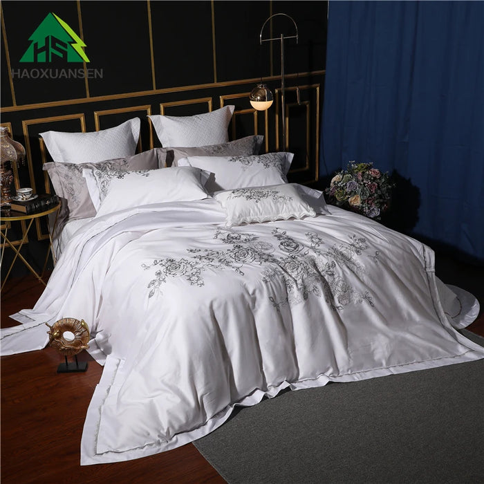 Rosa Multiflora Bedding Sets Embroidery White Pure Cotton Fabric Bedspread Bed Sheets Pillowcase Duvet Cover Cushion Cover