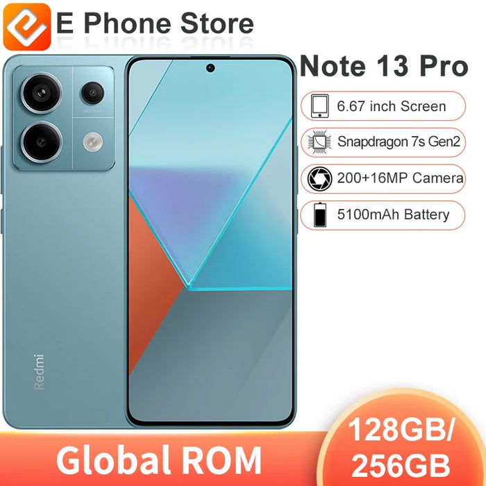 Global ROM Xiaomi Redmi Note 13 Pro 128GB/256GB/512GB Snapdragon 7s Gen 2 200MP+16MP Camera 6.67 ” Screen  67W 5100mAh Battery