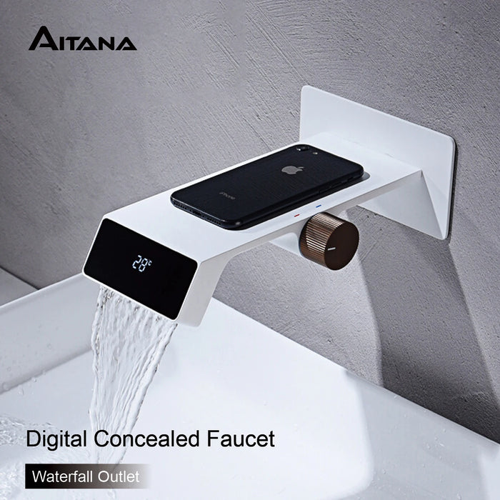 High end bathroom faucet intelligent digital display white brass wall entry design cold and hot dual control basin faucet