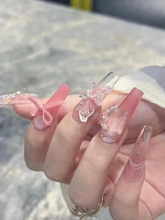 Ice Transparent Butterfly Cat Eye Transparent Color Wearing Nail Handmade Customized Nail Panel False Nail