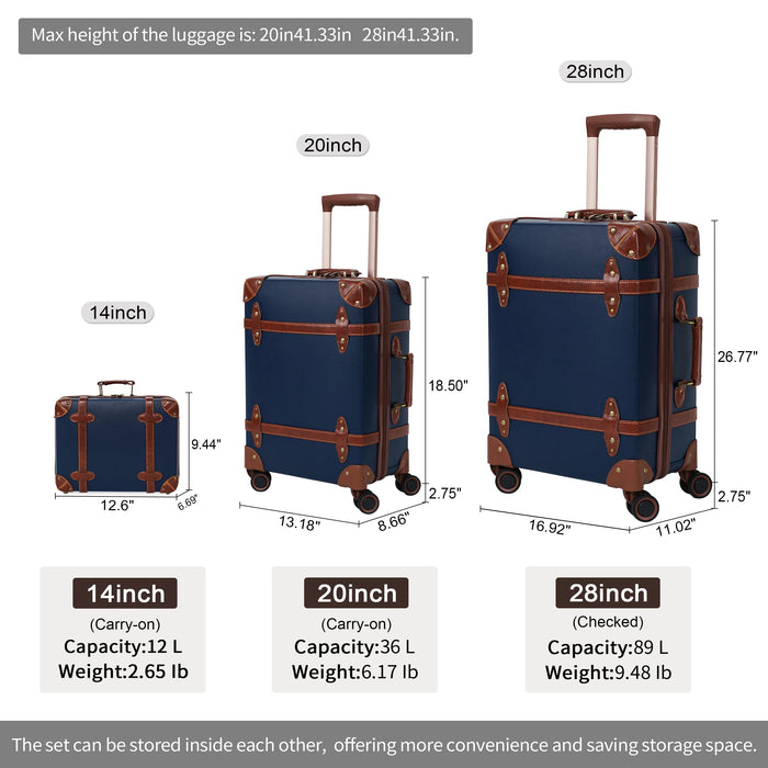 Urecity Vintage 3 Pieces Luggage Sets,Large Capacity Trunk Suitcase with Wheels,Carry on Suitcase for Women (14" & 20" & 28")