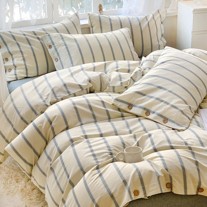 Class A Pure Cotton Bed Four-Piece Set Bed Sheet Nordic Quilt Cover Fitted Sheet Simple Striped Bedding Three-Piece Set