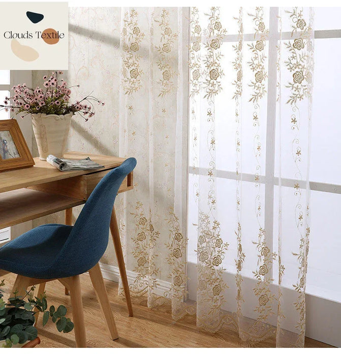 Luxury Modern Rose Curtains for Living Room Floral Design Tulle Window Sheer Curtain for Bedroom Kitchen Window Screening Yarn