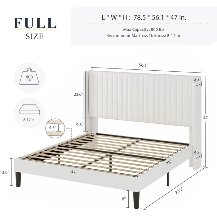 Full Size Velvet Bed Frame, Padded Platform Bed、Sturdy Wooden Slats、No Springs Required、Easy To Assemble、White