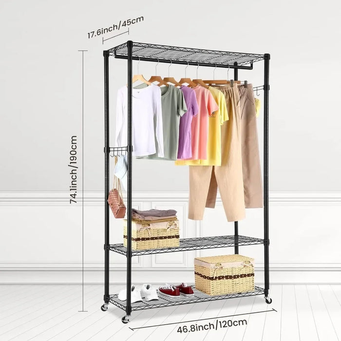 Garment Rack With 3 Tier Wire Adjustable Shelves Wardrobe Wardrobe Bedroom Furniture 2 Side Hooks 1 Hanging Rod Black Hanger