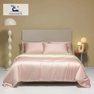 Liv-Esthete Women Double Color 100% Silk Bedding Set Silky Pink Queen King Duvet Cover Flat Sheet Pillowcase Bed Linen Set