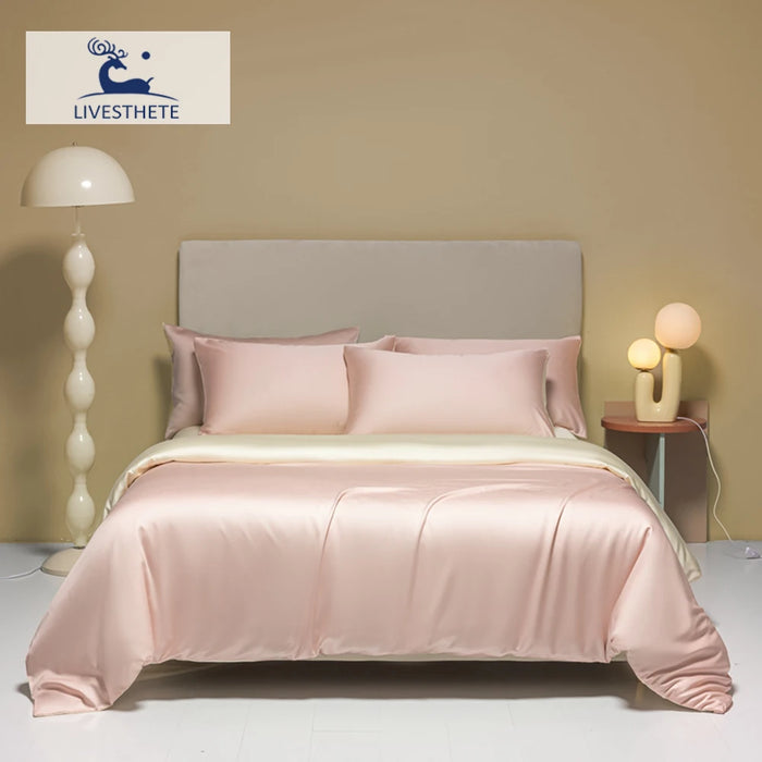 Liv-Esthete Women Double Color 100% Silk Bedding Set Silky Pink Queen King Duvet Cover Flat Sheet Pillowcase Bed Linen Set