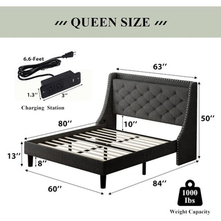 Queen Size Bed Frame with Luxury Wingback Upholstered Button Tufted Storage Headboard, Queen Platform Bed