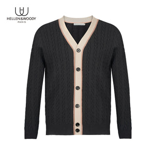 Hellen&Woody Men's Spring and Autumn NewTwist Rope Cardigan Sweater Fashion Casual Slim Button Lapel Linen Cotton 8232030903