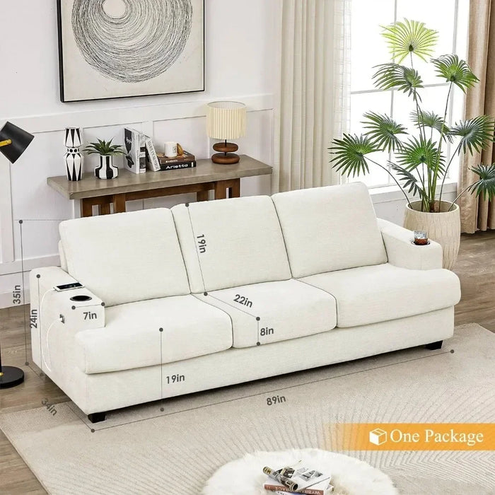 Modern 3 Seater Sofa with USB Charging Ports & 2 Cup Holders, Chenille Upholstered Sofa for Apartment, Living Room, Office