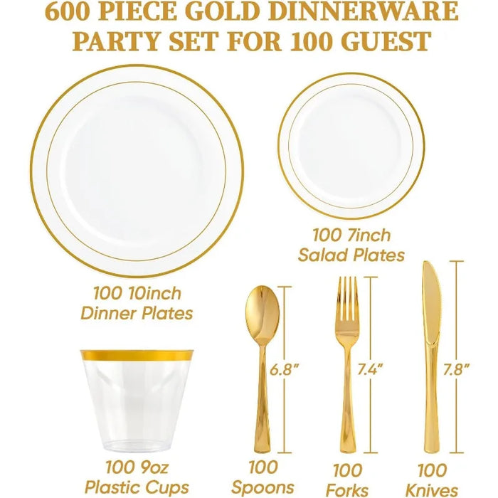 600pcs Dinnerware Set for 100 Guests, Silver Rimmed Plastic Plates Disposable, Dinner Plates, Dessert Plates, Cups