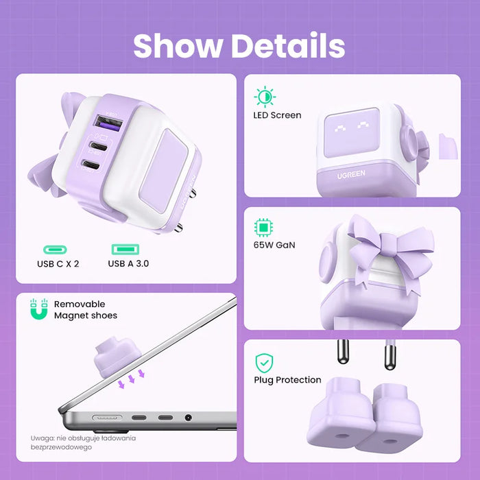 New！UGREEN 65W GaN Charger Robot Design Quick Charge 4.0 3.0 PPS for iPhone 15 14 13 Pro Macbook Laptop Tablet PD Fast Charger