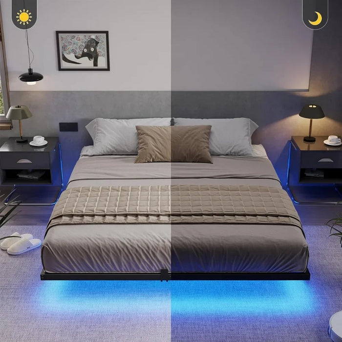 Floating Bed Frame with LED Lights, Metal Platform Queen Bed, No Box Spring Needed, Easy To Assemble, Queen Size Bed Frame