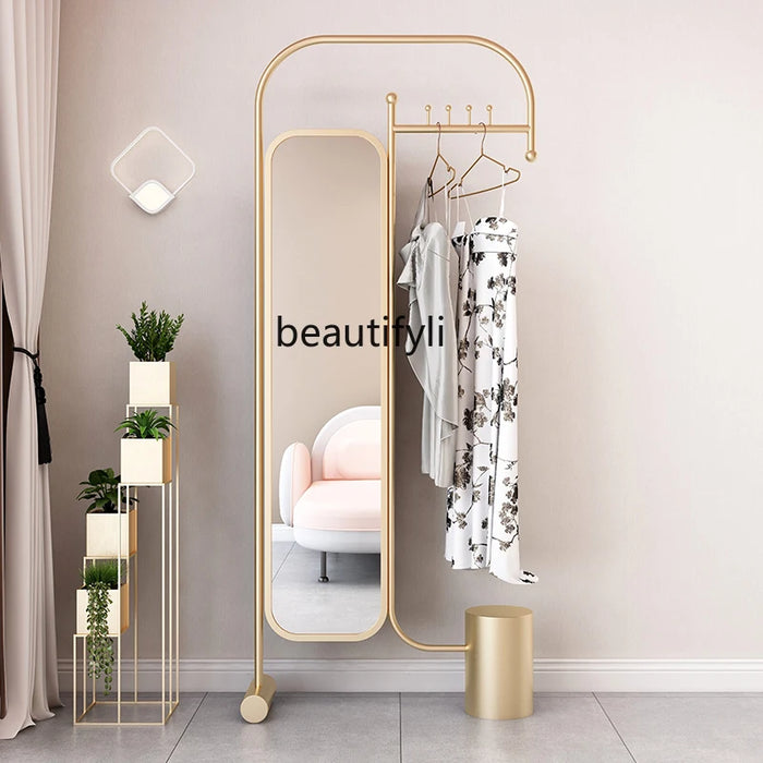 yj Clothes Fitting Mirror Floor Full Body With Coat And Cap Clothes Rack Integrated Light Luxury Home Bedroom