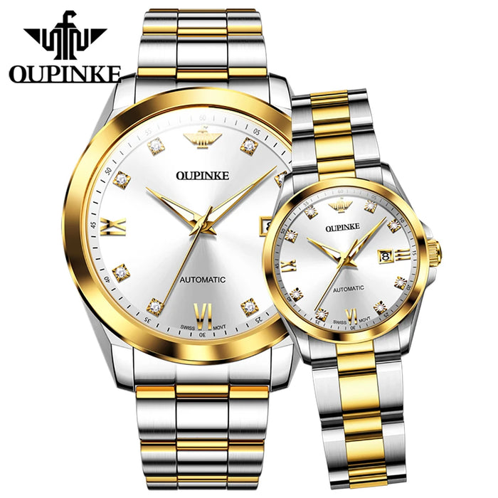 OUPINKE 3199 Top Luxury Brand True Diamond Watch Swiss Movement Automatic Mechanical Watch Elegant Men Women's Couple Set Watch