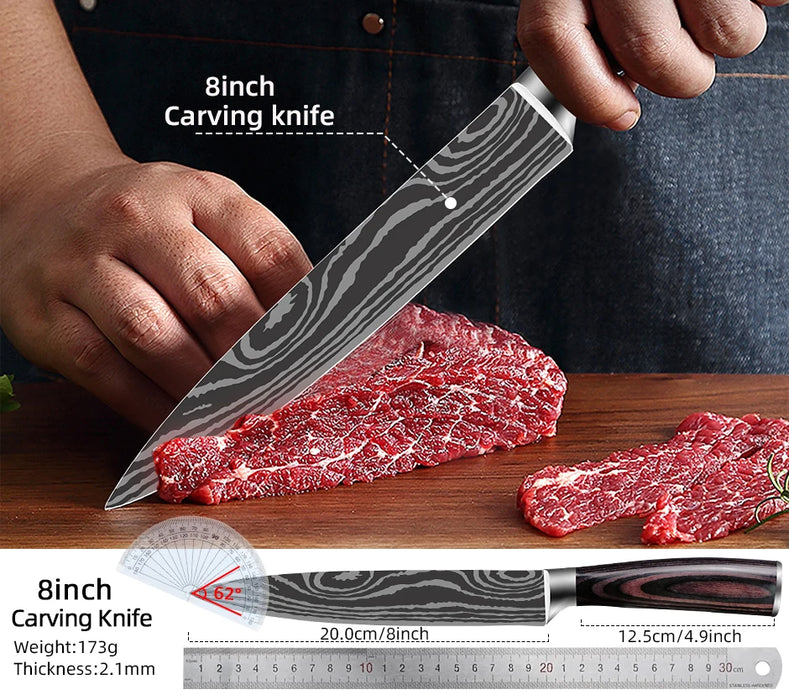 Kitchen Knife Set Damascus Laser Chef Knives 7CR17 440C Stainless Steel Japanese Meat Cleaver Slicer Santoku Cutter Cooking Tool