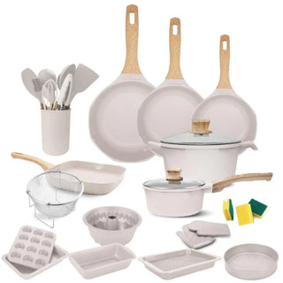 New 33 Pcs Dessini Die-Casting panela Kitchen Cooking Pot Non Stick Granite White/Gold Dot with Light Wood Grain Cookware Sets