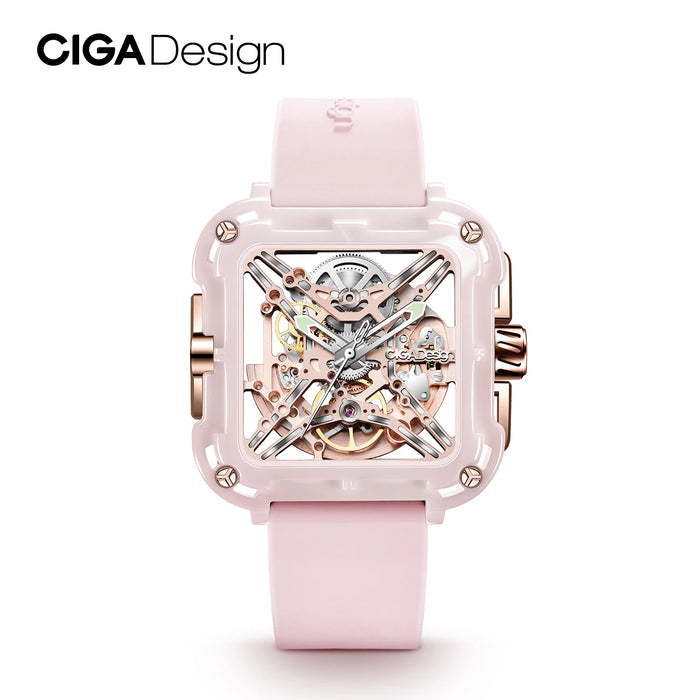 CIGA Design X Series Pink Ceramic Automatic Watch for Women 2024 Fashion Skeleton Mechanical Wrist Watches Soft Silicone Strap