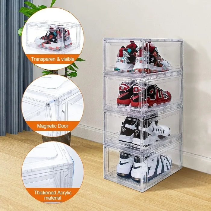 10 Pack Large Shoe Boxes Clear Stackable , Space Saving Acrylic , Foldable Shoe Container Boxes that Fits Up to Size 14 Shoes