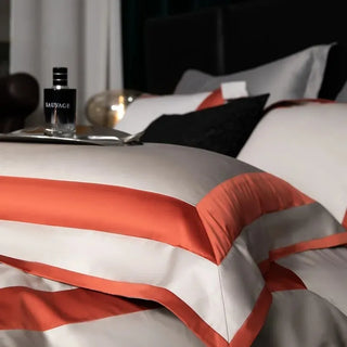 1000TC Premium Cotton Queen King Bedding Set 4pcs Grey Orange Frame Patchwork Duvet Cover Bed Sheet Pillowcases For All-Season