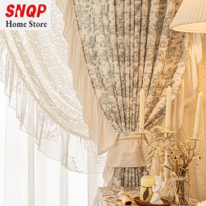 French Romantic Luxury Curtain for Living Room blackout Bedroom Lace White Tulle Yarn Elegant Cotton Linen Restaurant decoration