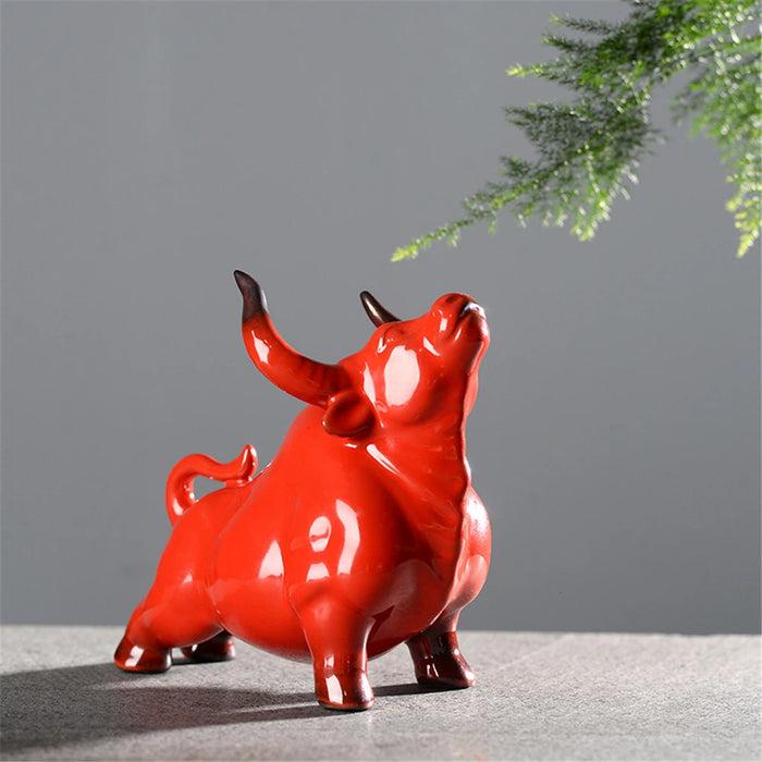 Ceramic Bull Statue Home Decor Red Ox Feng Shui Zen Figurine Sculpture Cow Figurines Cattle Chinese Wealth Desktop Decoration