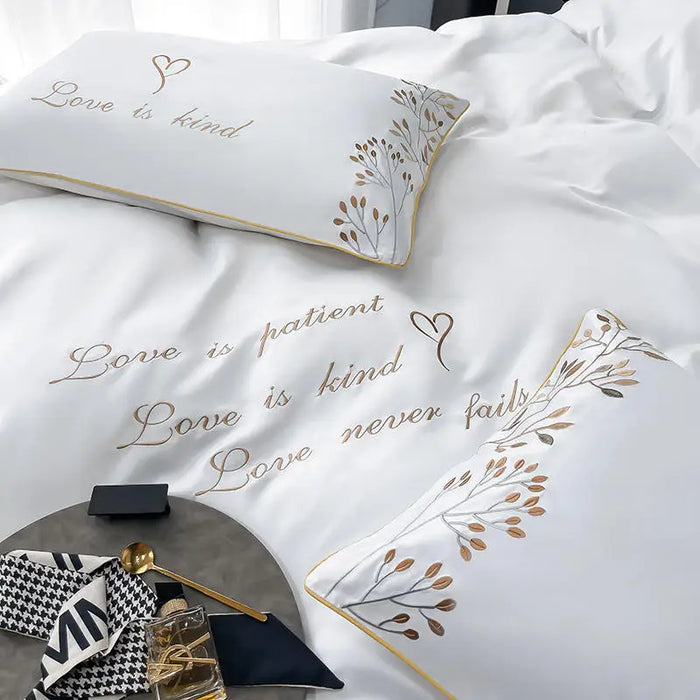 Chic Art Embroidered Egyptian Cotton Bedding Set Luxury White Quilted Duvet Cover Bed Sheet Pillowcases Solid Color Home Textile