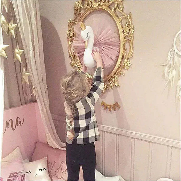 Cute 3D Golden Crown Swan Wall Art Hanging Girl Swan Doll Stuffed Toy Animal Head Wall Decor for Kids Room Birthday Wedding Gift