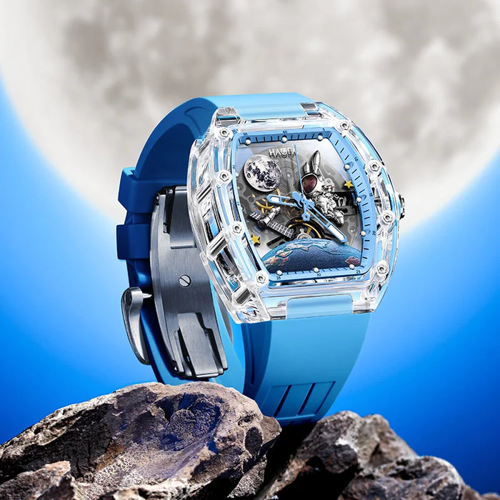 Haofa 3D Interstellar Spaceship Mechanical Watch for Men Automatic Hollow Transparent Watch Luminous Moon Rabbit Men Watch 2320
