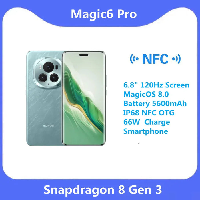 Google  Arrival Original Honor Magic 6 Pro 6.8" 120Hz Screen Snapdragon 8 Gen 3 MagicOS 8.0 Battery 5600mAh IP68 NFC Smartphone