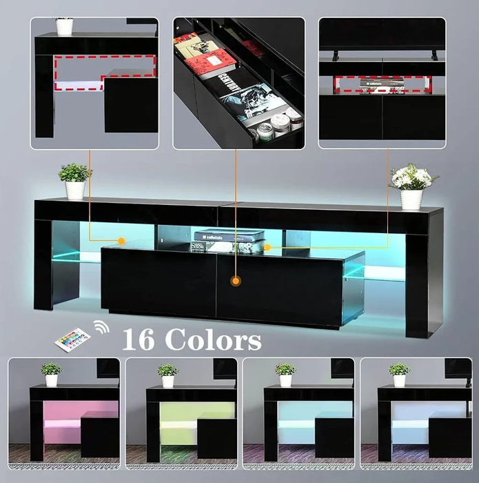 TV Stand,  63  inch Wood TV Stand, Center with Large Drawers＆Glass Display Shelf, LED Modern