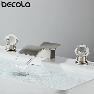 Three Holes Solid Brass Bathroom Sink Wash Basin 2 Handles Waterfall Faucet Golden Plated Bathtub Mixer Tap Faucet Deck Mounted