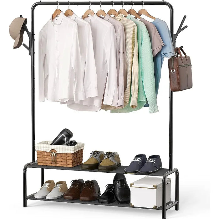 Garment Rack with Storage Shelves and Coat/Hat Hanging Hooks