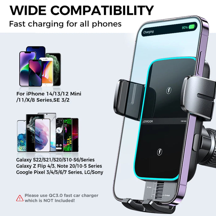 Joyroom Dual Coil Wireless Car Charger Phone Mount 15W Fast Charging Holder with Auto Smart Sensor Clamping for iPhone Samsung