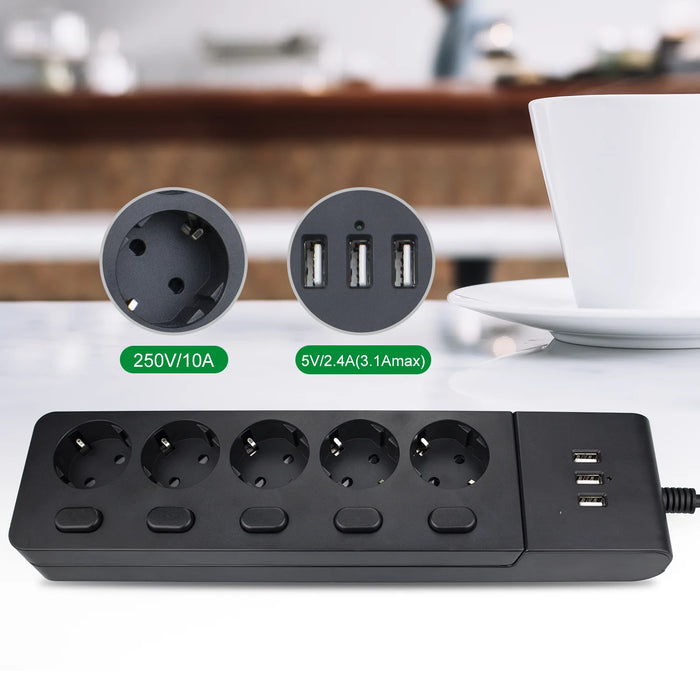 Multiple Power Strip Surge Protection Eu Plug Electrical Extension Sockets with USB 5 way Outlets Independent Control 2m Cord