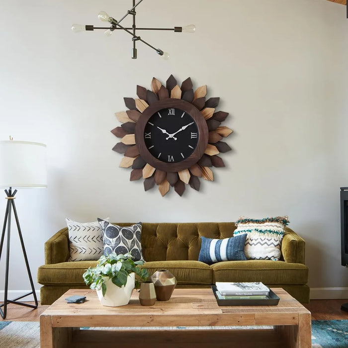 24 Inch Large Wall Clock, Oversized Silent Battery Operated Farmhouse Wood Wall Clock for Living Room Decor, Tricolor