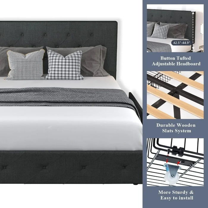 Upholstered Queen Platform Bed Frame, With 4 storage drawers and headboard, Diamond sewn button tufting, Base wood slat support