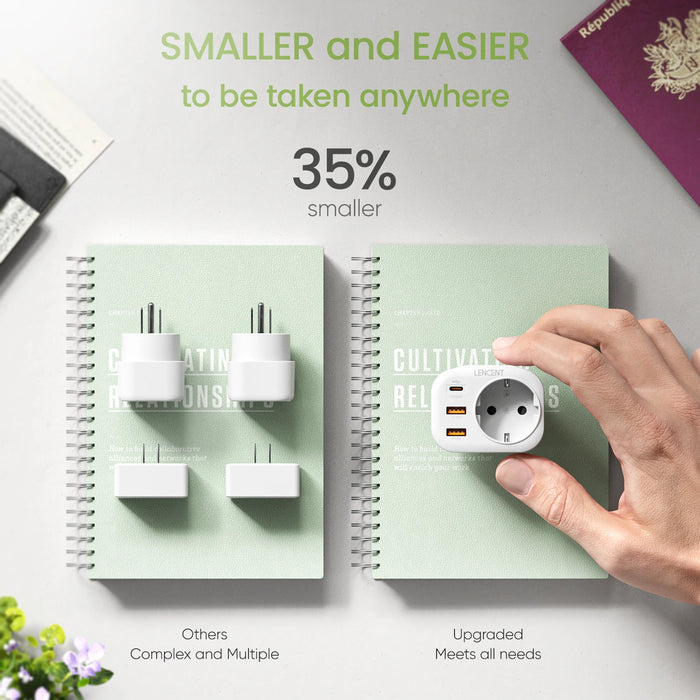 LENCENT EU to US Travel Adapter with 1 AC Outlet  2 USB C3.0 and 1 Type C PD 20W  4 in 1 Fast Charger for Home Travel