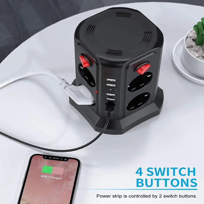 Vertical Power Strip Circuit Surge Protection EU Plug Electrical USB  Socket Tower 8 Way DE Switch Outlets 2m Extenstion Cord