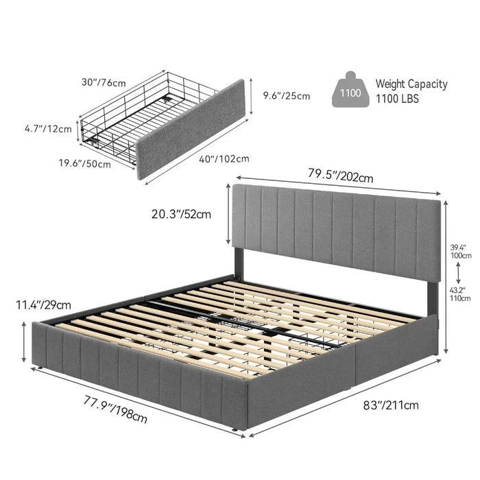 Bedroom furniture, king size bed frame, upholstered bed frame, with 4 storage drawers, no spring box required, grey