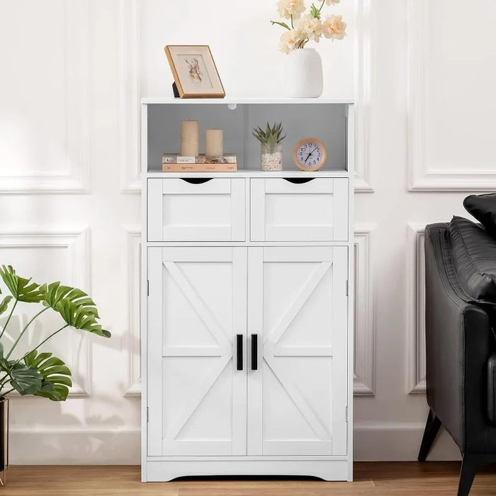 Floor Cabinet with 2 Doors & 2 Drawers, Storage Cabinet with Adjustable Shelf, Freestanding Wooden Storage Organizer