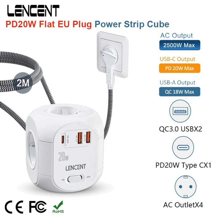 LENCENT Power Strip Cube with 4 AC Outlets +2 QC3.0 USB Ports +1 PD20W Type C 2M Braided Cable Multi Socket with Switch for Home