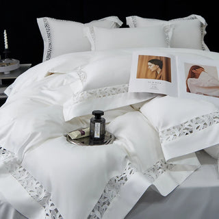 Pure White Egyptian Cotton Bedding Set Luxury Hollow Out Embroidery Duvet Cover Bed Sheets Pillowcases High-end Hotel Bed Set